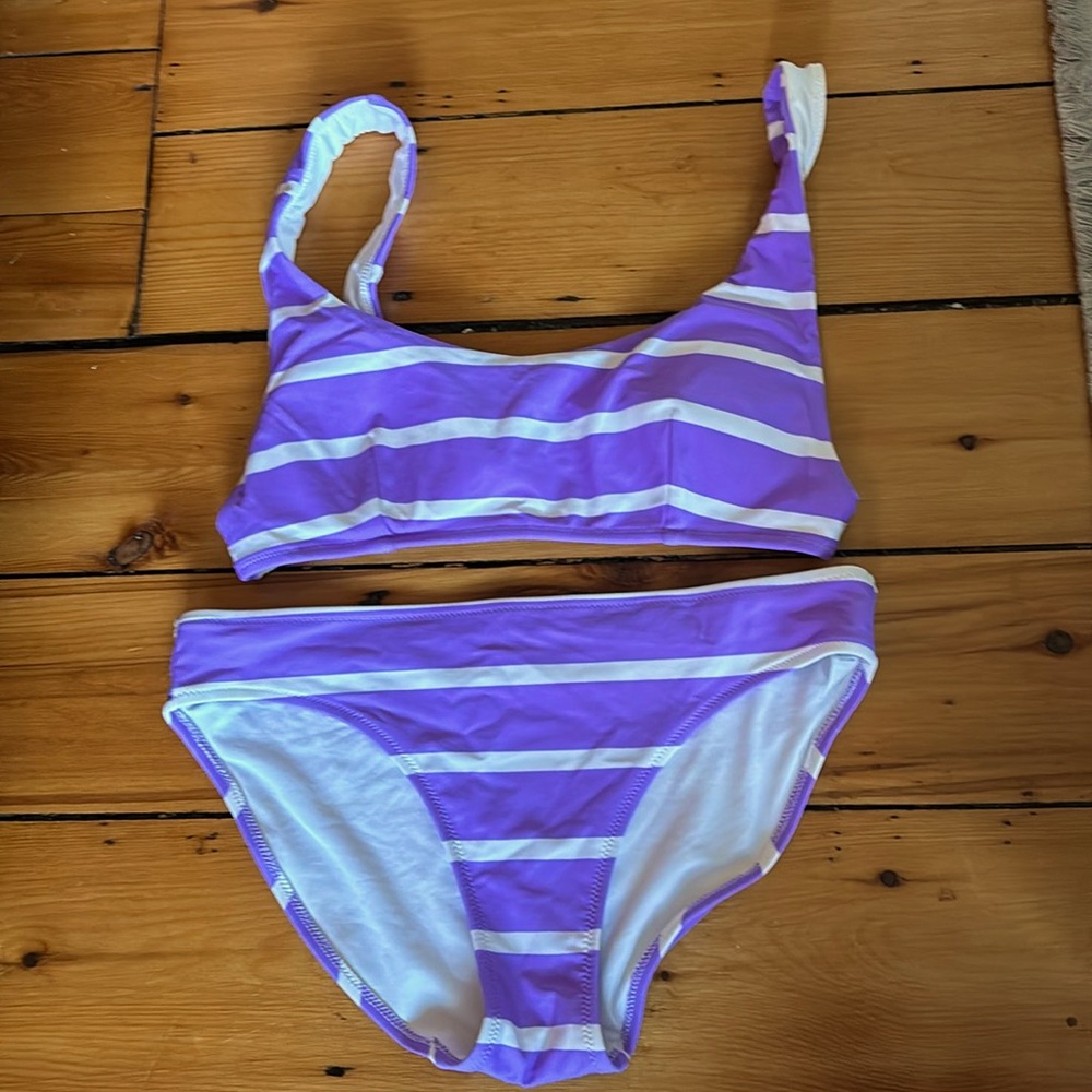Two piece purple and white striped bikini